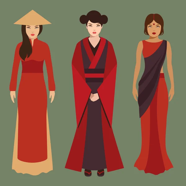 Mujeres chinas, japonesas e indias — Vector de stock