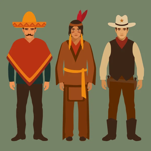 Cowboy, Indische en Mexicaanse — Stockvector