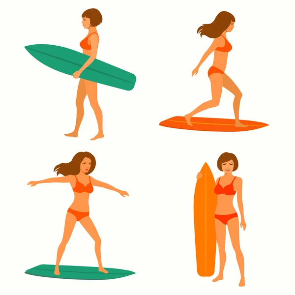 Vrouw surfer, surfen sport, — Stockvector