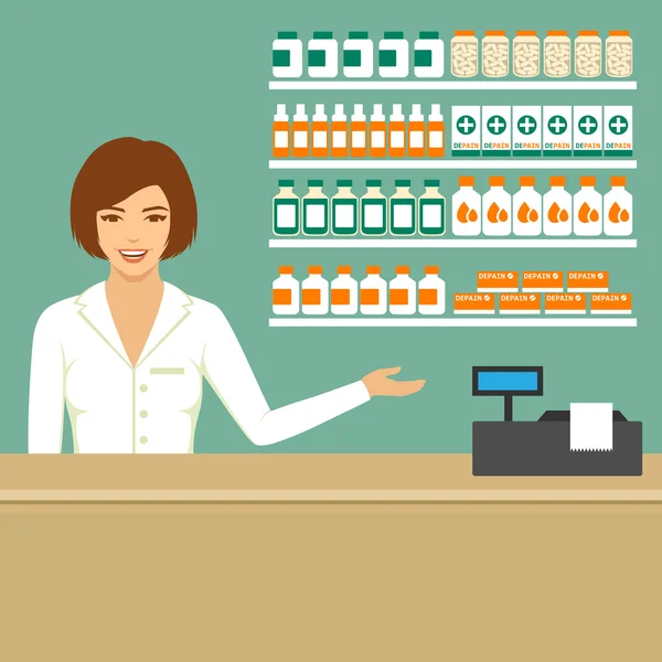 Pharmacist in drugstore — Stock Vector