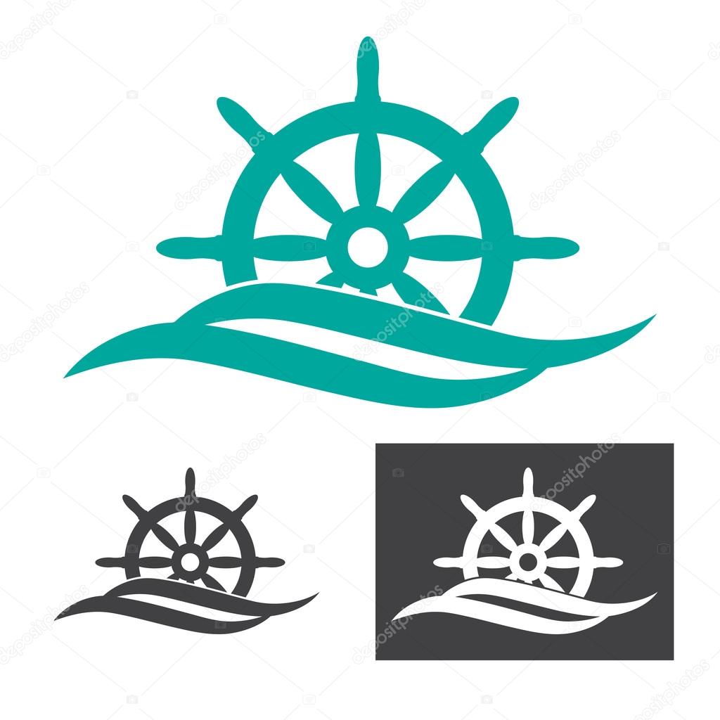 Vector illustration of rudder behind the sea wave logo for maritime companies.