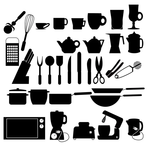 Keuken gebruiksvoorwerpen silhouetten — Stockvector