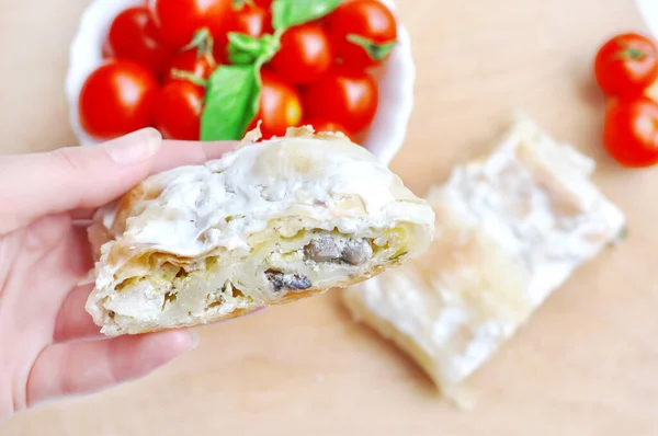 Homemade Chicken Pie Woman Hand Holding Fresh Piece Savory Strudel — Stock Photo, Image