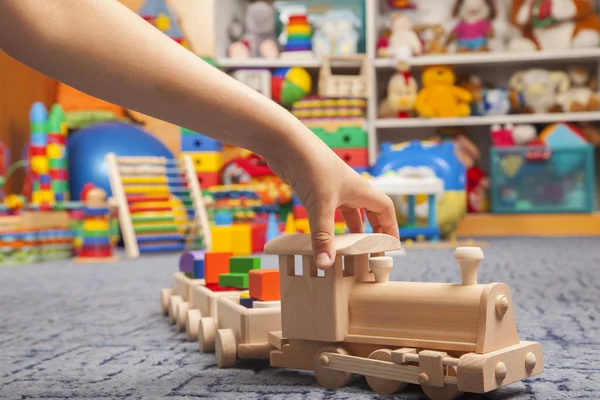 Wooden train in the play room — Stock Photo, Image