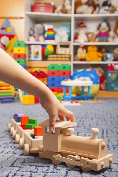 Wooden train in the play room — Stock Photo, Image