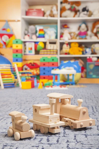 Wooden train in the play room — Stock Photo, Image