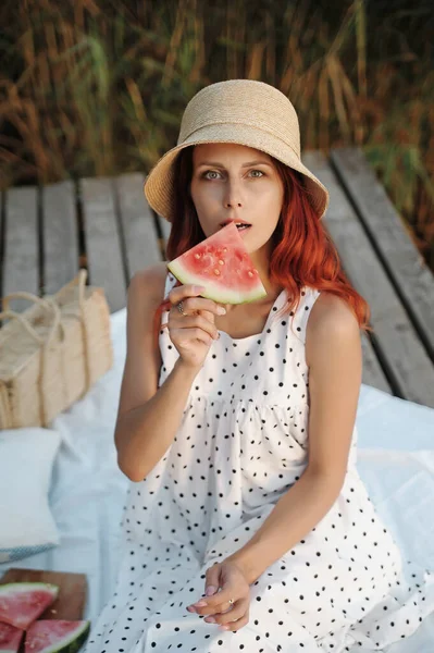 Stylish Woman Dress Sitting Wooden Background Watermelon — Stock Photo, Image