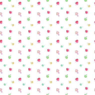 Mantarlı ve elmalı yemek kalıbı. Beyaz arkaplanda suluboya mantarlar.