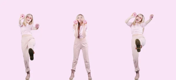 Коллаж Улыбающейся Женщины Розовыми Пончиками Руках Позирует Заднем Плане — стоковое фото