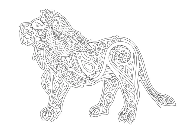 白を基調とした装飾的なライオンのシルエットを持つ着色本のページのための美しいモノクロの線形イラスト — ストックベクタ