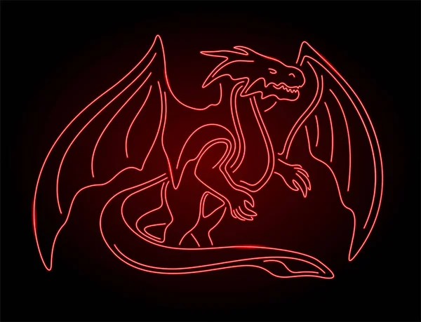 Красивая Красочная Линейная Иллюстрация Красным Силуэтом Неонового Дракона Темном Фоне — стоковый вектор