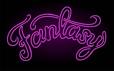 Koyu arkaplanda pembe ışıklı neon harflerle güzel bir çizgisel illüstrasyon.