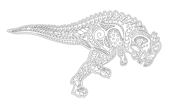 白の背景に隔離された装飾的な線形ランニング恐竜のシルエットと本のページを着色するための美しいモノクロイラスト — ストックベクタ