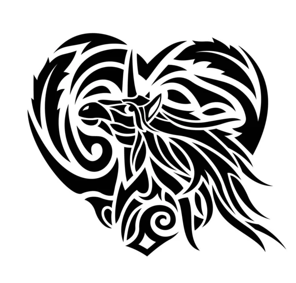 Hermosa Ilustración Tatuaje Tribal Con Cabeza Unicornio Negro Forma Corazón — Vector de stock