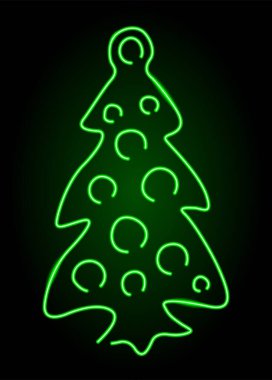 Koyu arkaplanda yeşil ışıklı neon noel ağacı olan güzel renkli doğrusal çizim