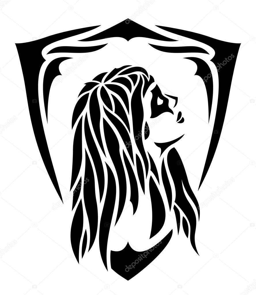Tribal tattoo illustration with isolated on the white background beautiful long hair woman and black border