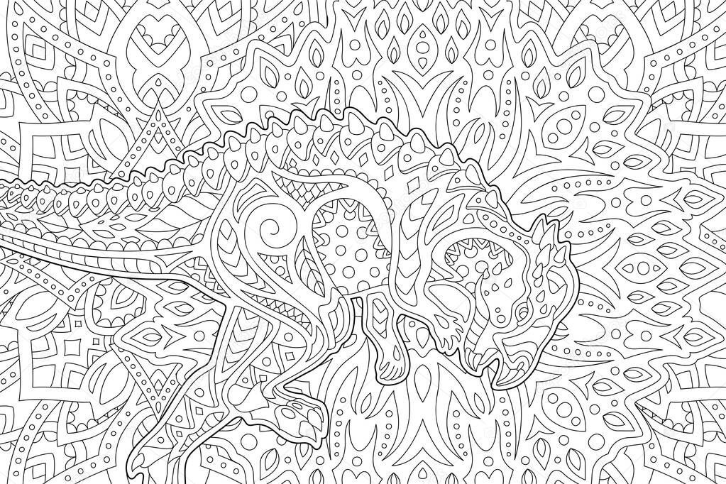 Beautiful monochrome illustration for adult coloring book page with stylized dinosaur silhouette on the abstract detailed linear pattern