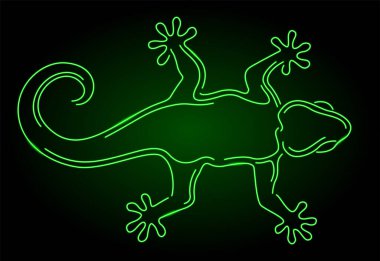 Koyu arkaplanda parlak yeşil neon geko silueti olan güzel renkli çizimler