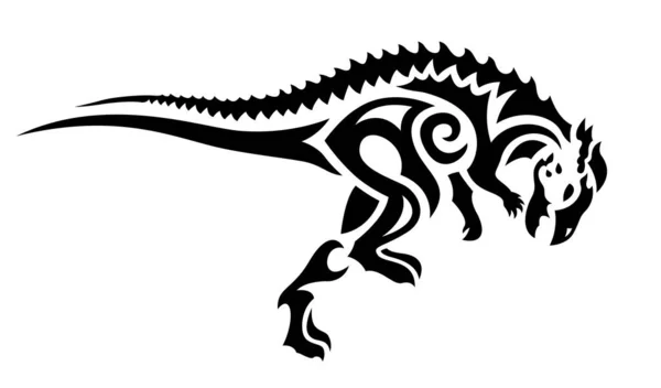 Schöne Einfarbige Tribal Tattoo Illustration Mit Schwarzer Stilisierter Dinosaurier Silhouette — Stockvektor