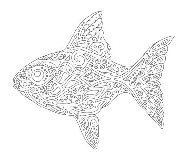 Beyaz arka planda izole edilmiş balık silueti ile renklendirme kitabı sayfası için güzel tek renkli illüstrasyon