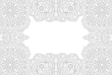 Soyut klasik kenarı ve beyaz kopya alanı olan yetişkin boyama kitabı sayfası için güzel monokrom doğrusal illüstrasyon