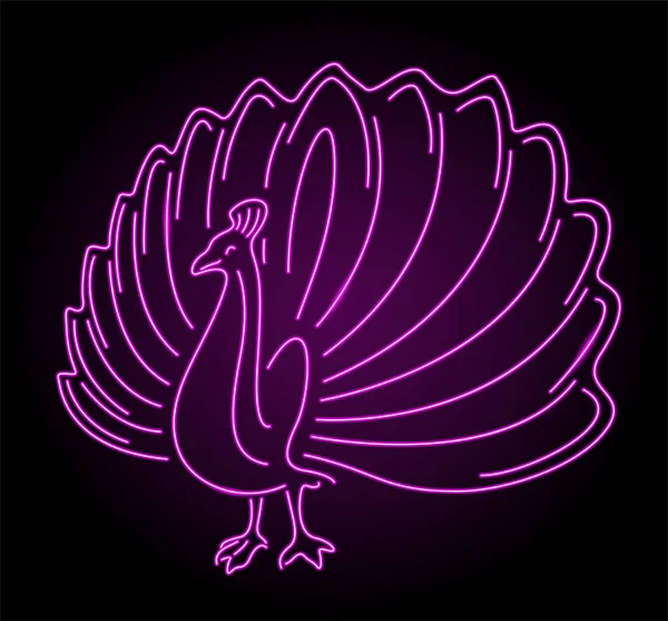 濃い背景に輝くネオンピンクの漫画孔雀と美しい線形イラスト — ストックベクタ