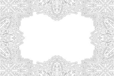 Yetişkin boyama kitabı sayfası için soyut klasik çiçek kenarı ve beyaz kopya alanı ile güzel monokrom doğrusal illüstrasyon