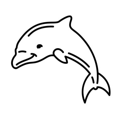 Beyaz arka planda izole edilmiş karikatür yunusu ile güzel monokrom vektör doğrusal çizimi