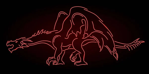 Schöne Vektorlineare Illustration Mit Stilisierten Bunten Neonrot Glänzenden Drachen Silhouette — Stockvektor