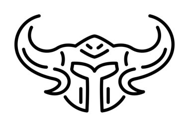 Beyaz arka planda izole edilmiş boynuzlu miğferli güzel monokrom doğrusal vektör çizimi