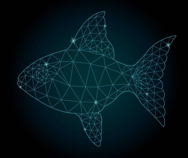 Koyu arkaplanda parlak balık silueti olan güzel yıldızlı düşük polimerli çizimler.