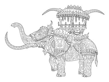 Beautiful monochrome fantasy linear illustration for adult coloring book page with stylized rideable mammoth isolated on the white background clipart