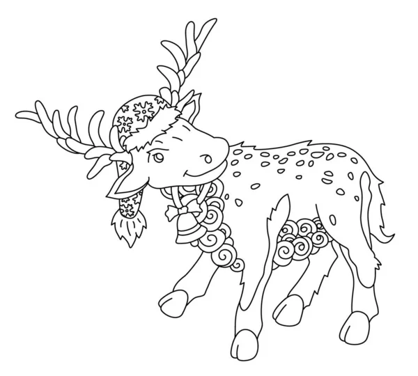Schöne Monochrome Lineare Illustration Für Weihnachten Malbuch Mit Cartoon Hirsch — Stockvektor