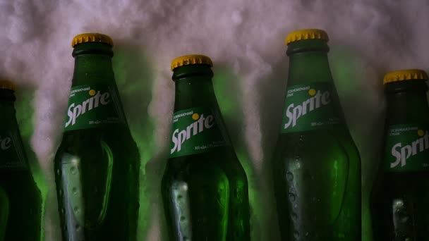 Five Sprite Bottles Refrigerator Cold Steam Coming Cold Drinks — Stock Video