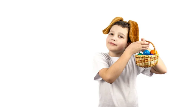 Paaseieren Gelukkige Pasen Kaart Veelkleurige Paaseieren Een Mandje Eieren Een — Stockfoto