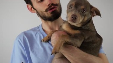 Adam köpeği kollarına aldı ve öptü. Sakallı adam. Evcil hayvanlar. Chihuahua. 4K