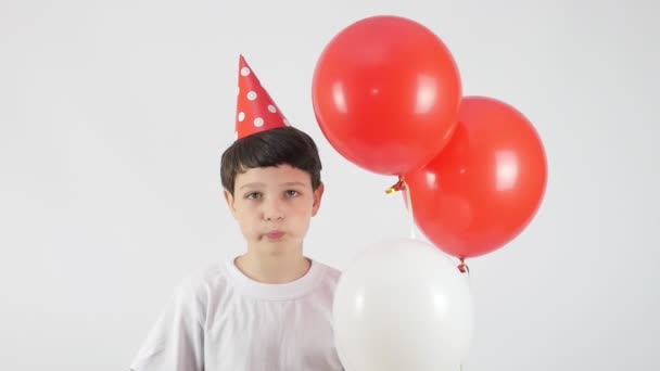 Festa Compleanno Con Palloncini Buona Infanzia Bel Ragazzo Con Cappello — Video Stock