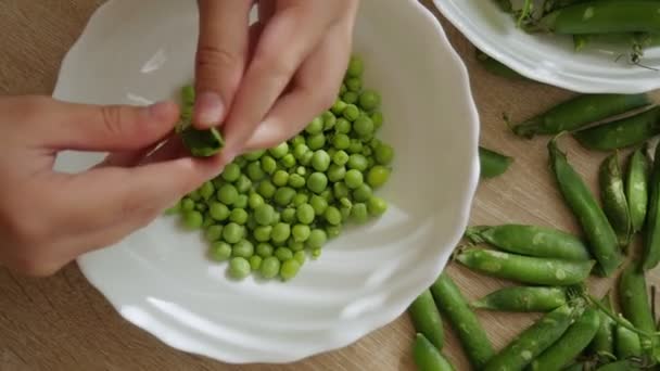 Groene Erwt Verse Groene Erwten Een Witte Plaat Van Dichtbij — Stockvideo