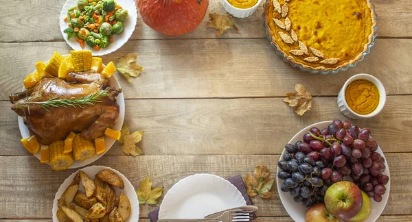 Tacksägelsedagen Tacksägelsedagen Thanksgiving Hösten Bakgrund Pumpor Och Paj Thanksgiving Kyckling — Stockfoto