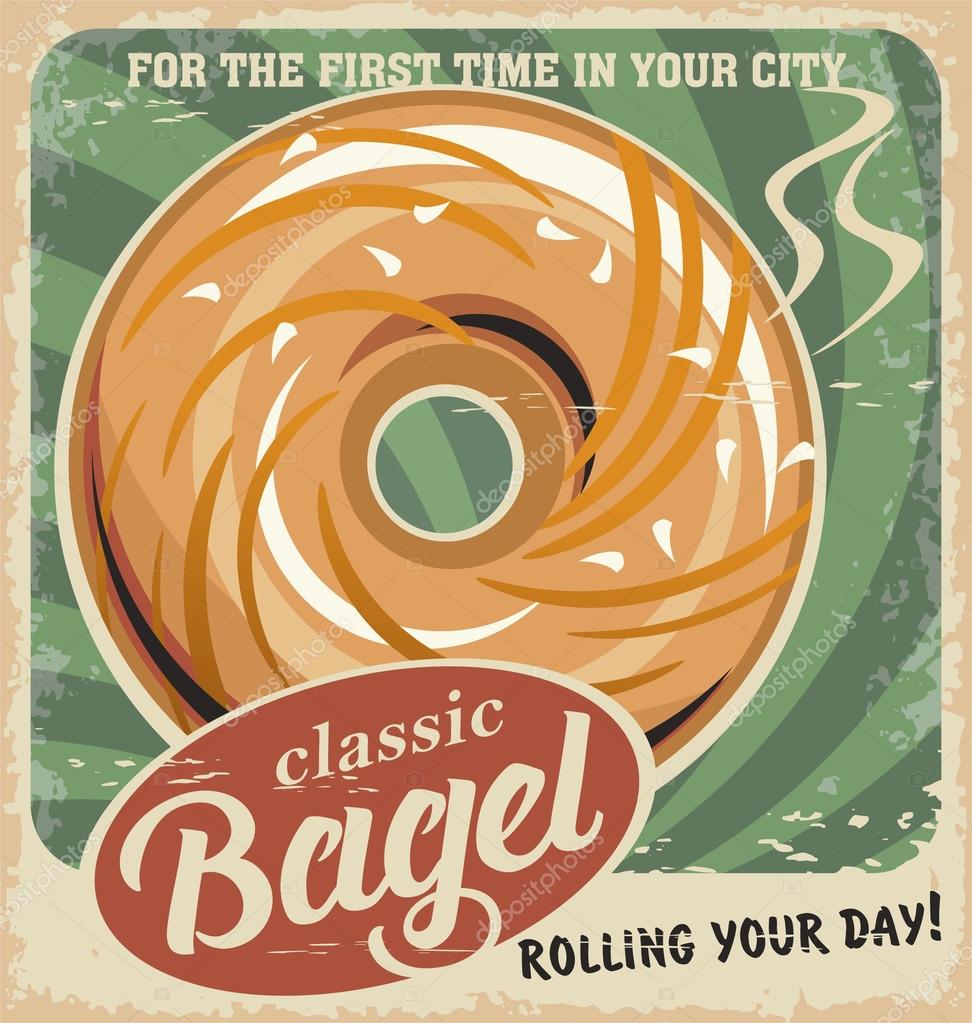 Bagel bakery vintage poster design. Retro pastry sign on old paper. Restaurant or bar interior