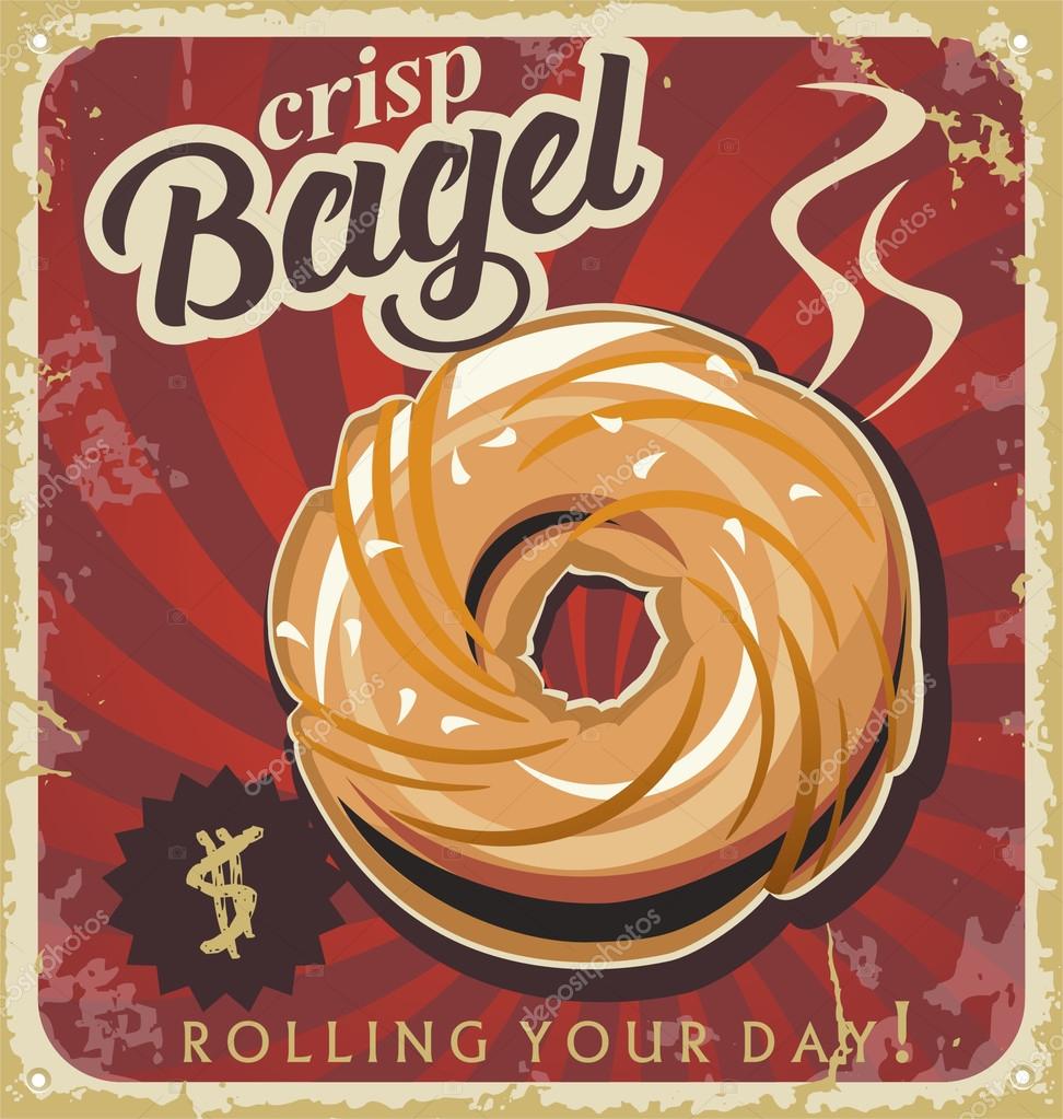 Retro pastry sign, background, template bakery. Retro bakery bagel poster on old paper texture.