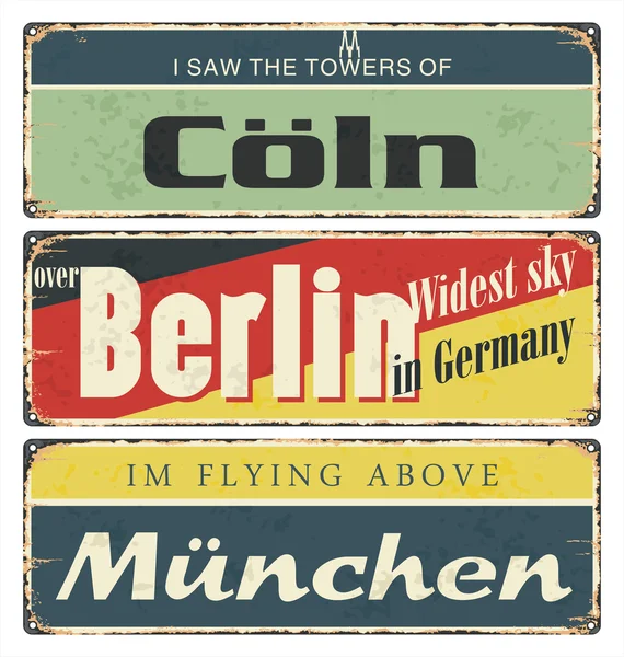 Vintage étain signe collection avec les villes d'Allemagne. Berlin. Munich. Cologne. Souvenirs rétro ou modèles de cartes postales sur fond rouille . — Image vectorielle