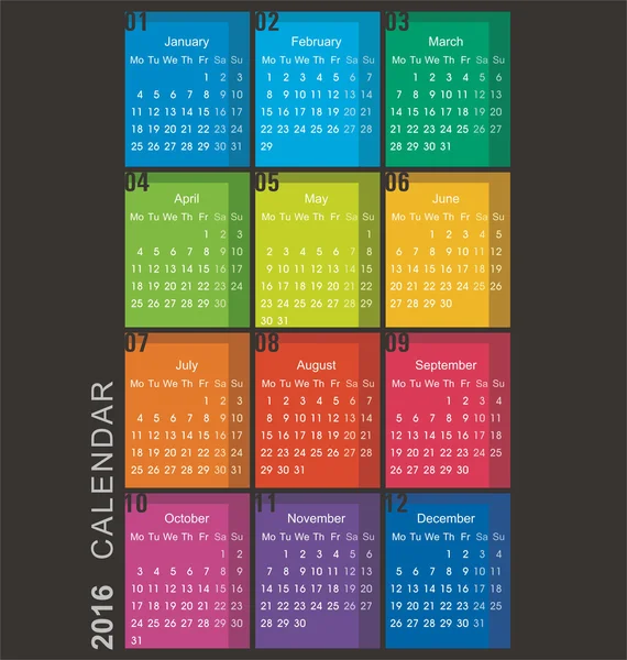 Kalender voor 2016 op kleur achtergrond. Week begint maandag. — Stockvector