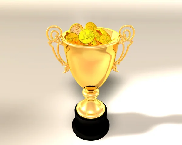 Trophy cup and coins — Stock Photo, Image