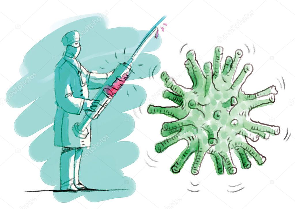 Doctor handling a big syringe, ready to inject COVID-19 Virus vaccine