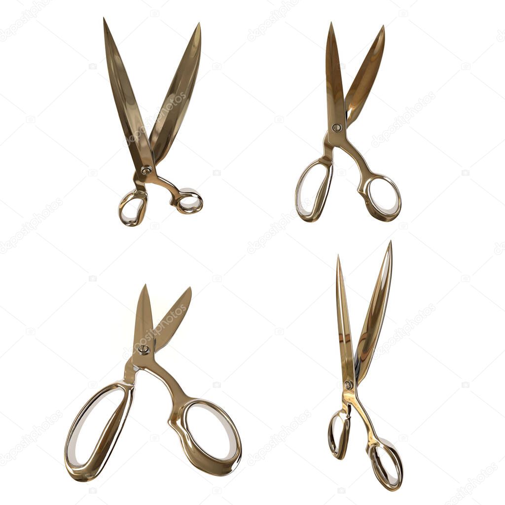 3D Illustration of a series of silver open scissors isolated on white background