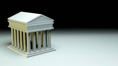 Klasik Yunan-Roma tarzında bir tapınağın 3 boyutlu modeli Doric sütunları ve nötr bir arkaplana karşı ışıklandırılmış üçgen bir pedikürlü..