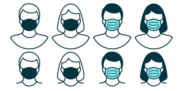 Virüs Koruma ve Sağlık Vektörü İllüstrasyonu İçin Tıbbi Yüze Maskeli Adam ve Kadın