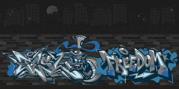 Dark Streetart Graffiti Wall con dibujos en la noche contra el fondo del paisaje urbano Vector Illustration — Vector de stock