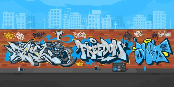 Kolorowe ściany graffiti Streetart z rysunkami na tle ilustracji wektora miejskiego — Wektor stockowy